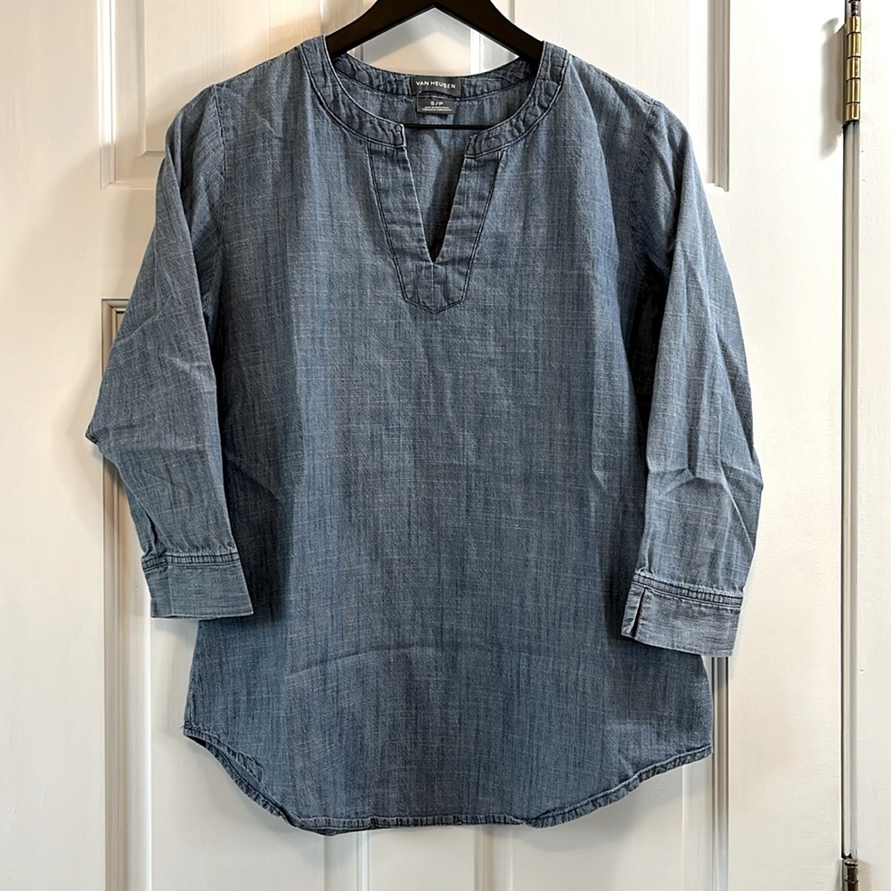 Van Huesen Chambray Cotton V Neck 3/4 Quarter Sleeve - Size Small